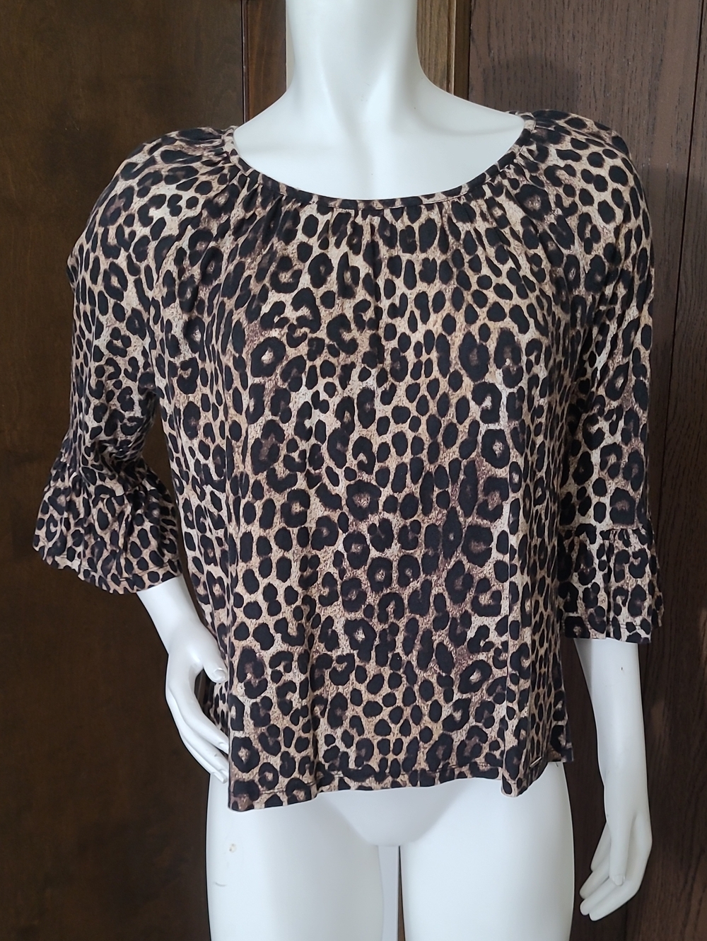 Michael Kors Leopard Print Ruffled Sleeve Blouse in Brown and Black